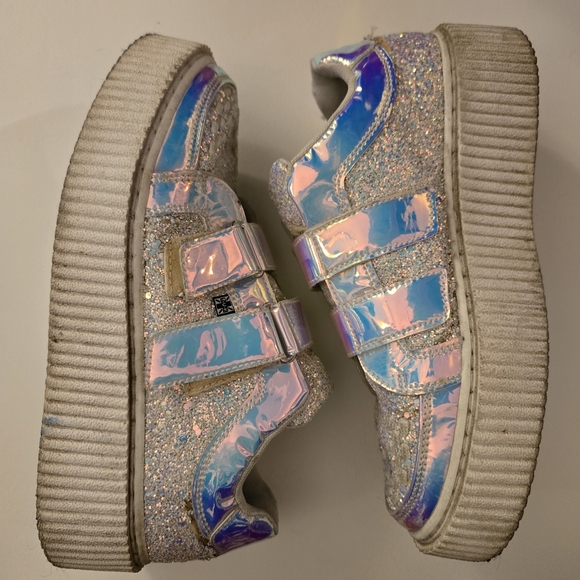 TUK White Glitter Creepers Sneakers 2 Velcro Straps Flat Platform Soles Size 10 - Picture 10 of 17